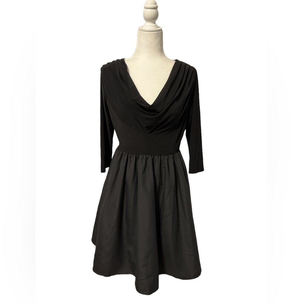Ellen Tracy Black Draped Collar Fit  Flare Swing Dress Size 8 Minimalist Classic